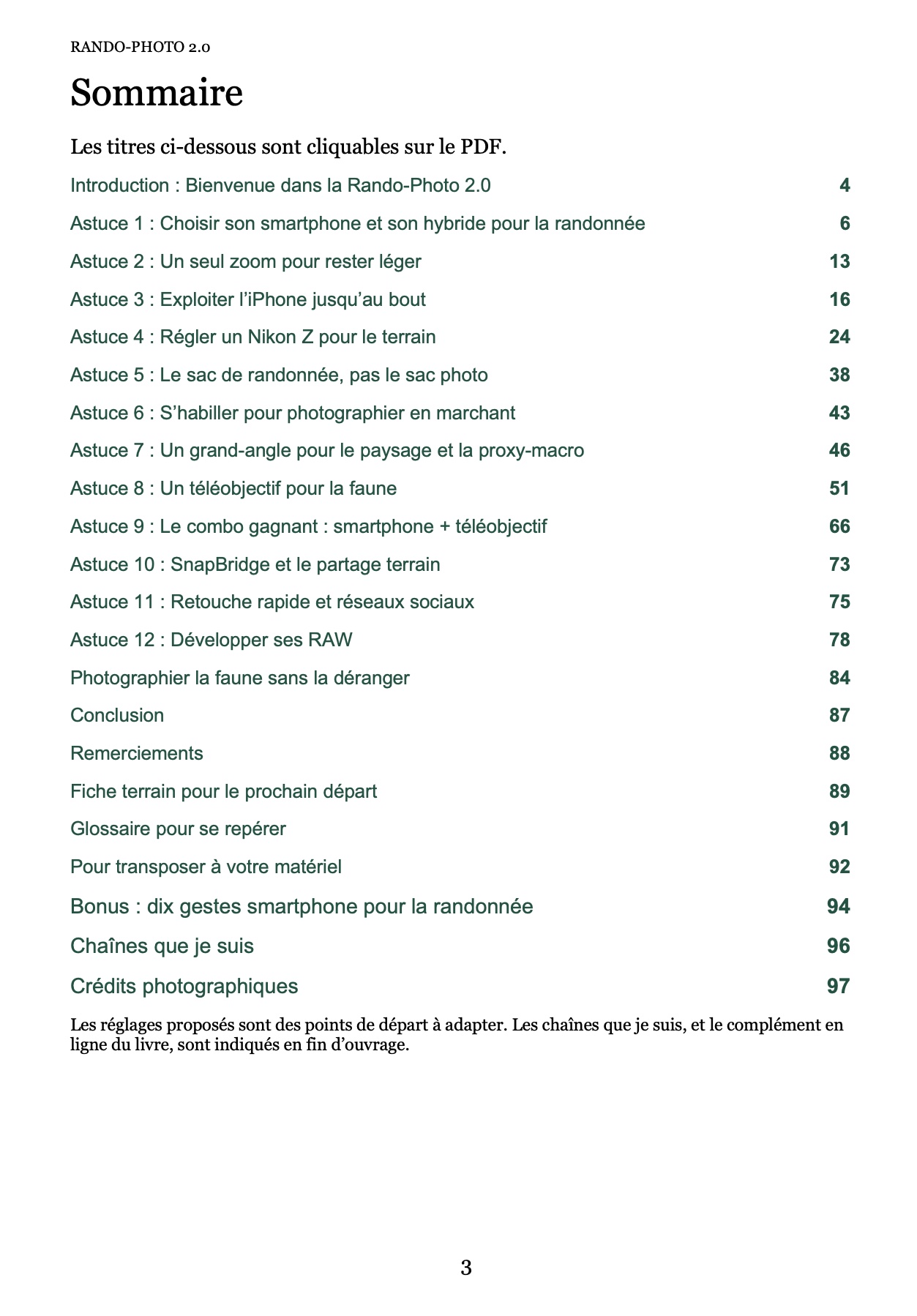 Sommaire du livre, de l’introduction aux crédits photographiques.